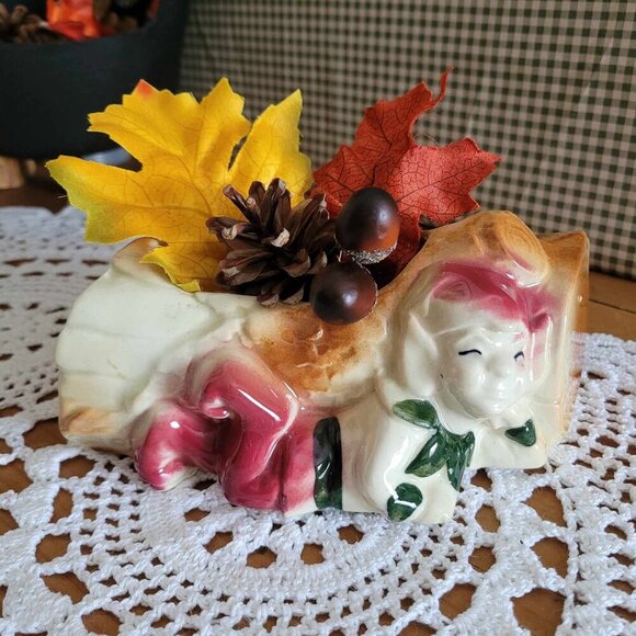 Vintage Porcelain Trinket Planter - Elf Pixie Gnome Wood Log - Picture 3 of 11